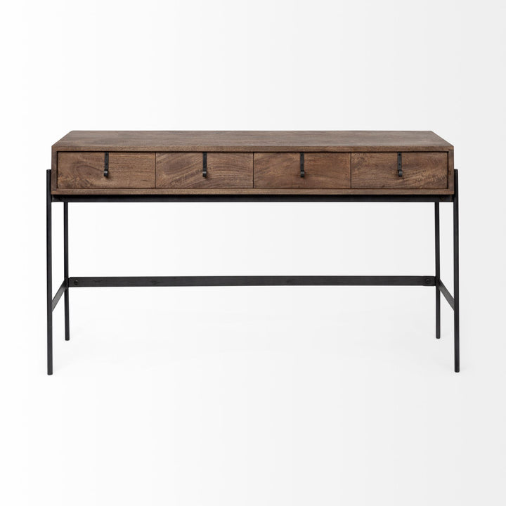 Glenn III 56L x 14W Dark Brown Wood w/ Black Iron Frame, 4 Drawer Console Table Decor Mercana
