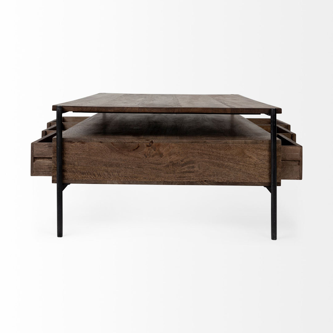 Glenn II 54x30 Dark Brown Wood w/ Black Iron Frame, Rectangle 3 Drawers Coffee Table Dining Room Mercana