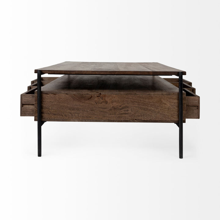Glenn II 54x30 Dark Brown Wood w/ Black Iron Frame, Rectangle 3 Drawers Coffee Table Dining Room Mercana