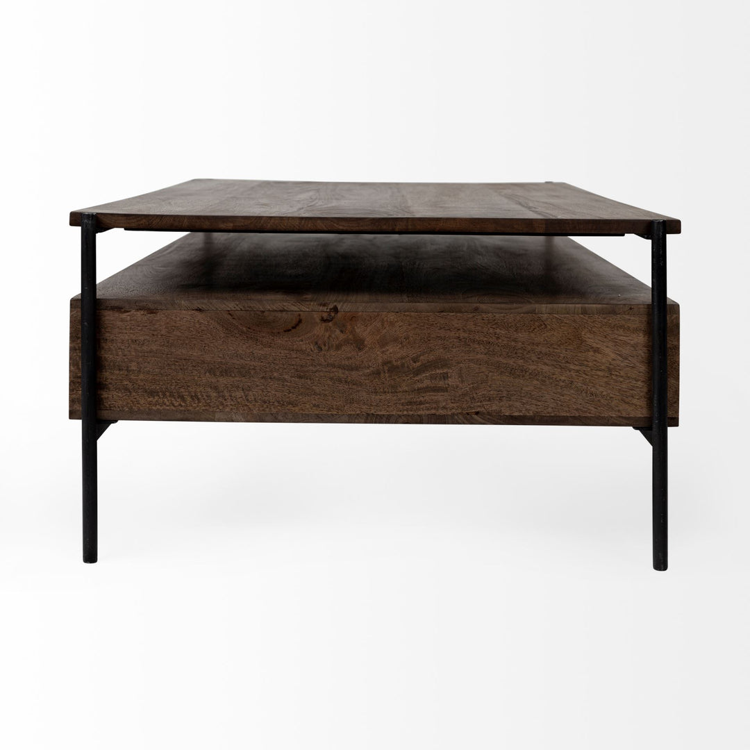 Glenn II 54x30 Dark Brown Wood w/ Black Iron Frame, Rectangle 3 Drawers Coffee Table Dining Room Mercana