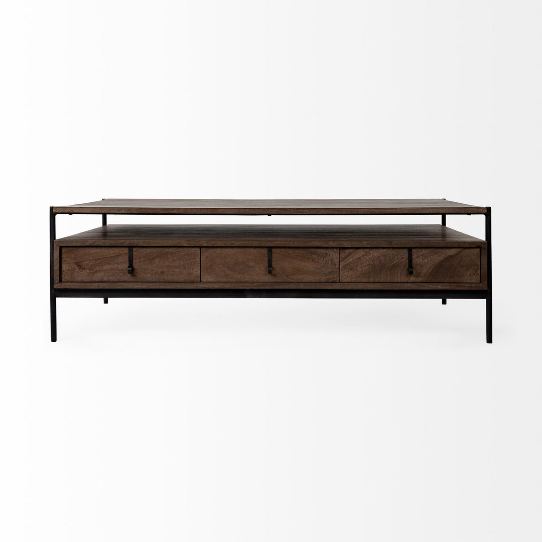 Glenn II 54x30 Dark Brown Wood w/ Black Iron Frame, Rectangle 3 Drawers Coffee Table Dining Room Mercana