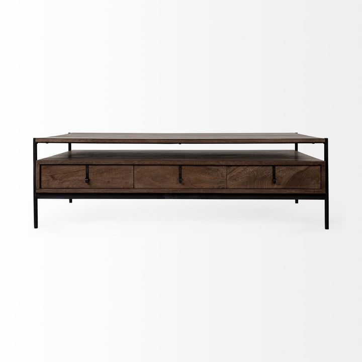 Glenn II 54x30 Dark Brown Wood w/ Black Iron Frame, Rectangle 3 Drawers Coffee Table Dining Room Mercana
