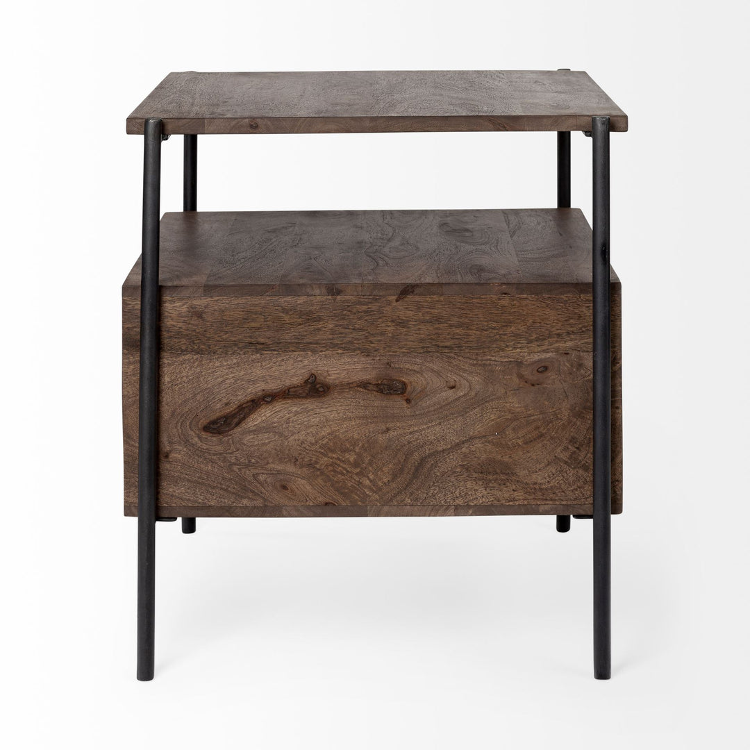 Glenn I Dark Brown Wood w/ Black Iron Frame Square End/Side Table Dining Room Mercana