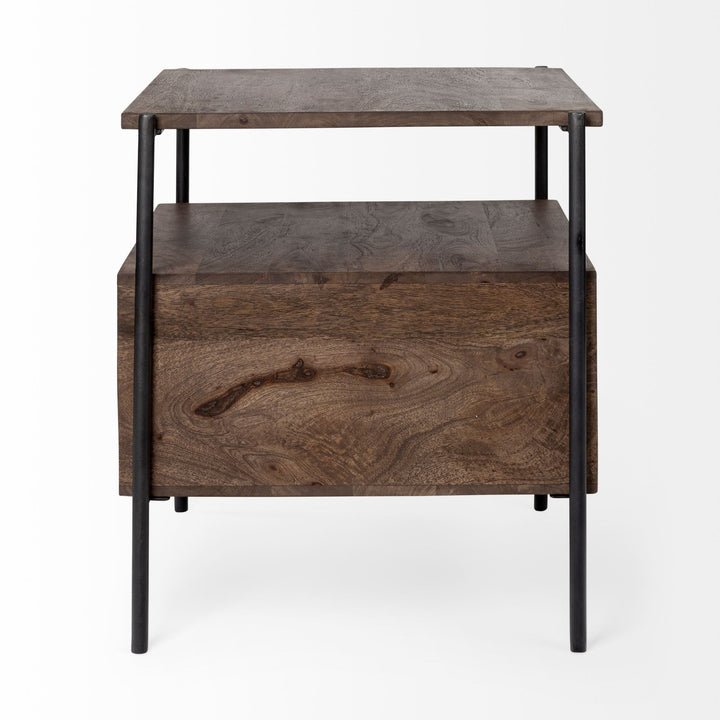 Glenn I Dark Brown Wood w/ Black Iron Frame Square End/Side Table Dining Room Mercana