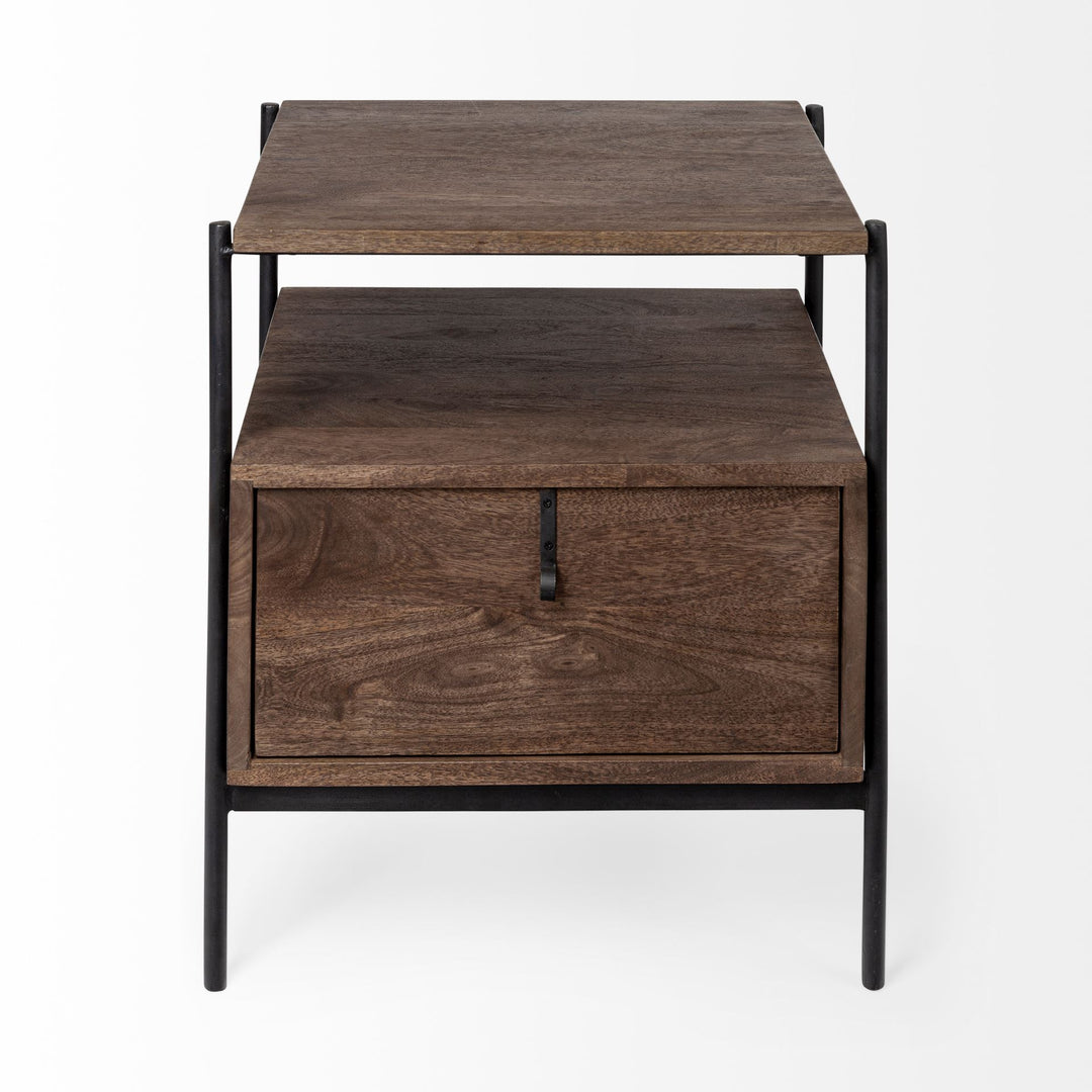 Glenn I Dark Brown Wood w/ Black Iron Frame Square End/Side Table Dining Room Mercana