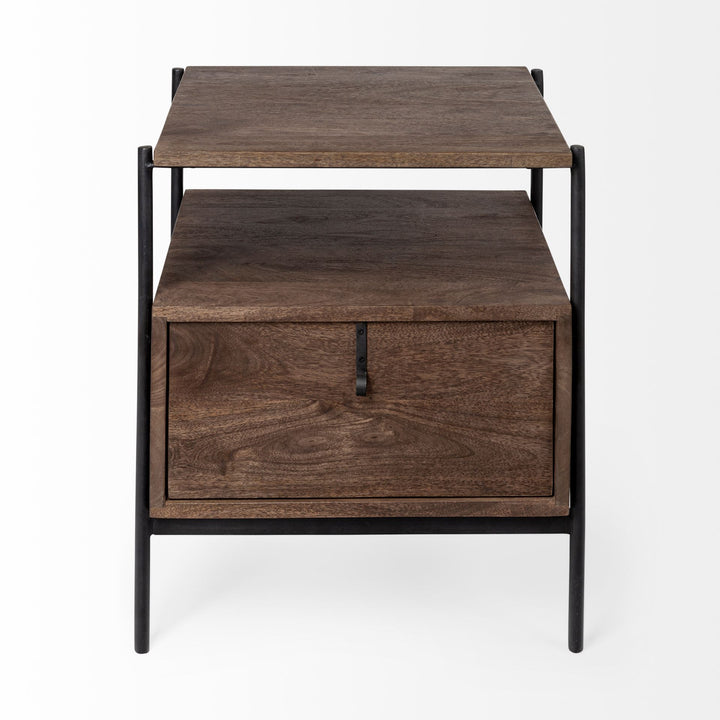 Glenn I Dark Brown Wood w/ Black Iron Frame Square End/Side Table Dining Room Mercana