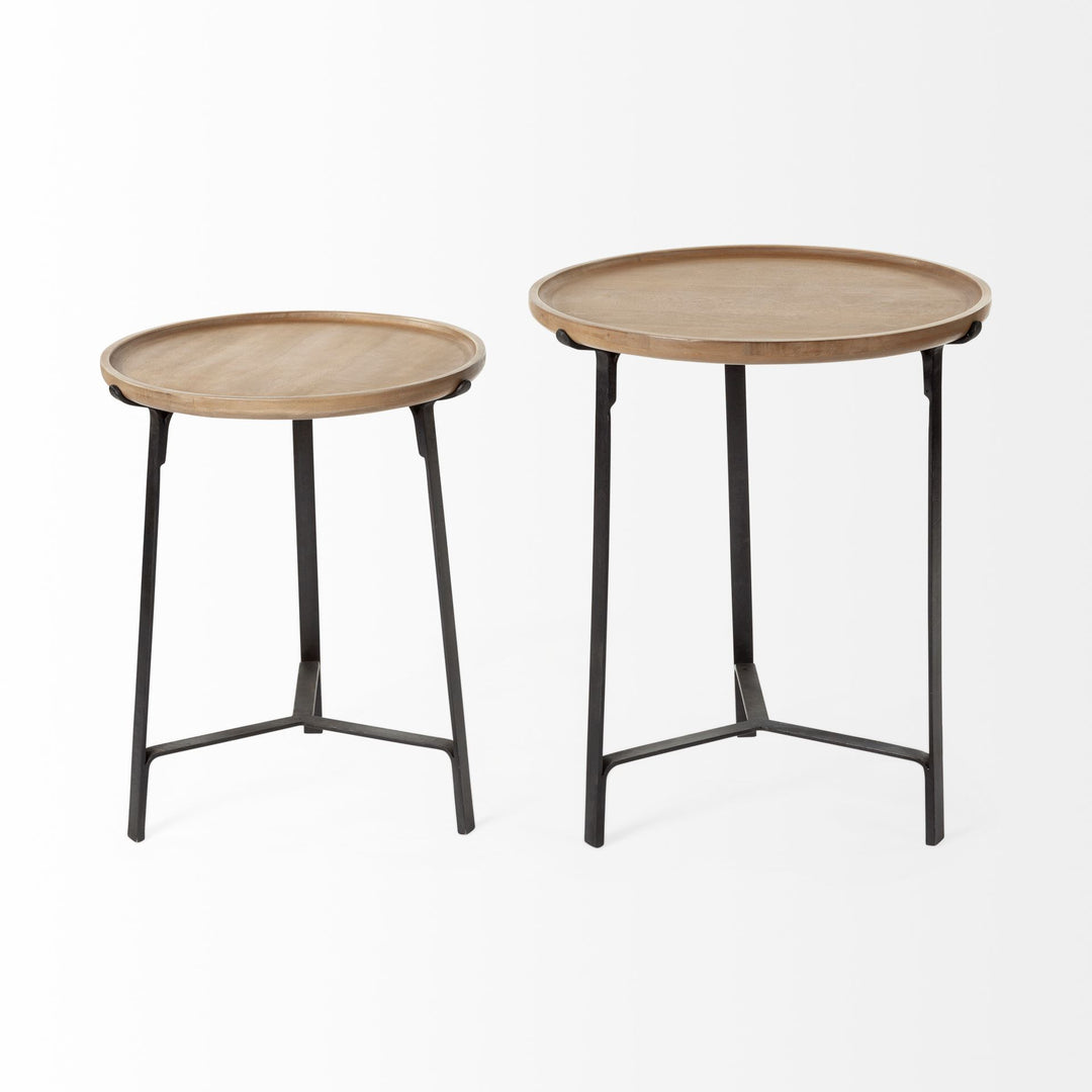 Helios III 20L x 24H Set of Two Round Brown Solid Wood Iron Base Nesting End/Side Tables Living Room Mercana