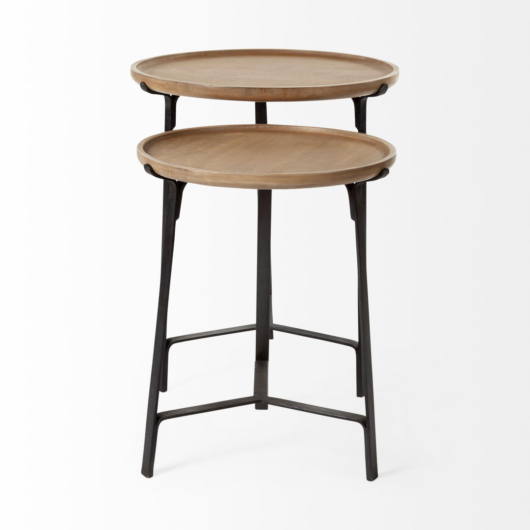 Helios III 20L x 24H Set of Two Round Brown Solid Wood Iron Base Nesting End/Side Tables Living Room Mercana