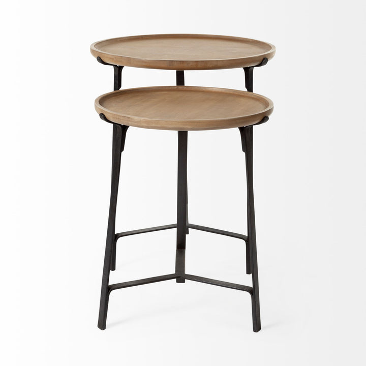 Helios III 20L x 24H Set of Two Round Brown Solid Wood Iron Base Nesting End/Side Tables Living Room Mercana