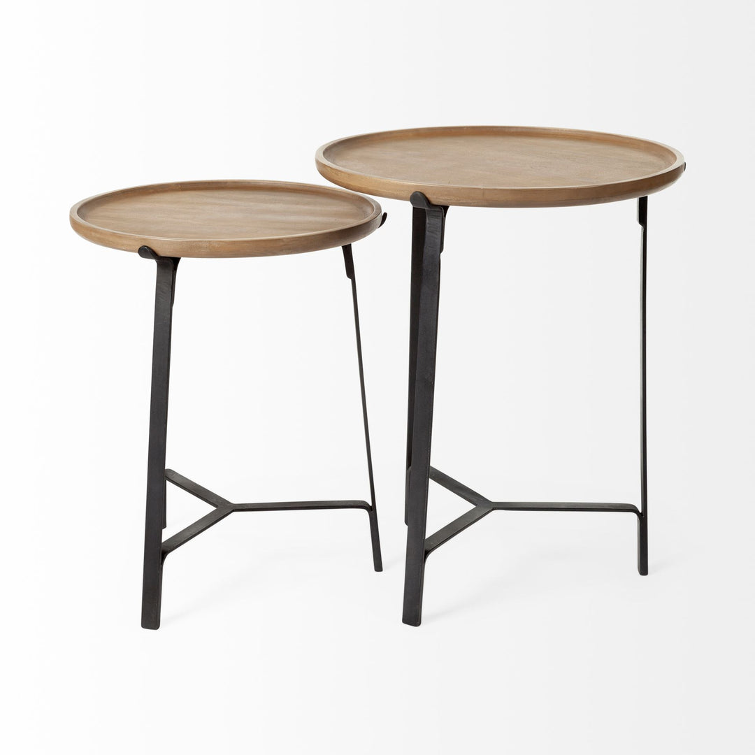 Helios III 20L x 24H Set of Two Round Brown Solid Wood Iron Base Nesting End/Side Tables Living Room Mercana