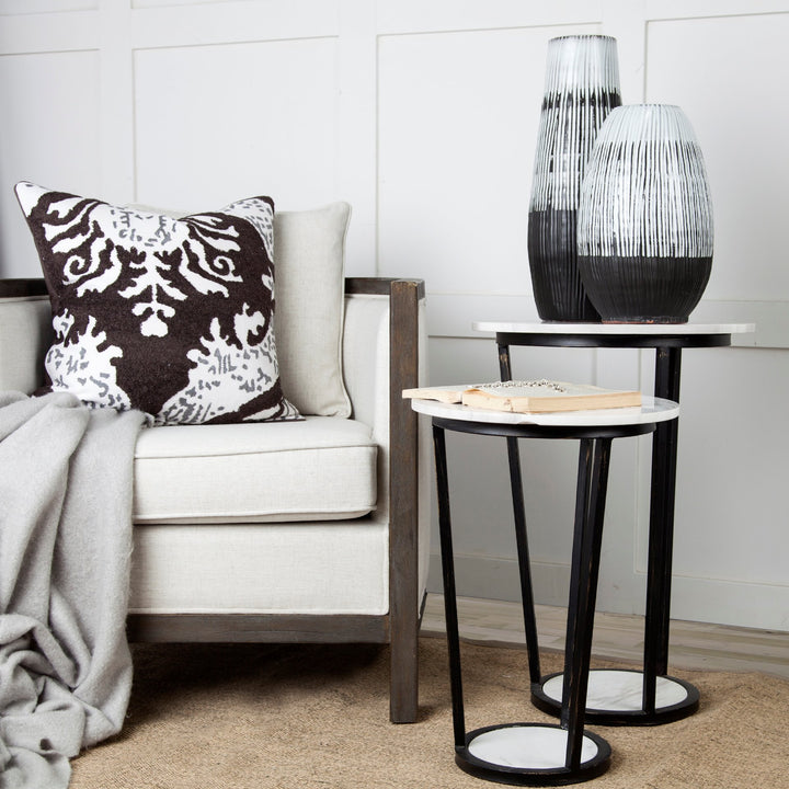 Bombola II (Large) 18L x 18W White Round Marble Top W/Black Metal Frame Accent Table Decor Mercana
