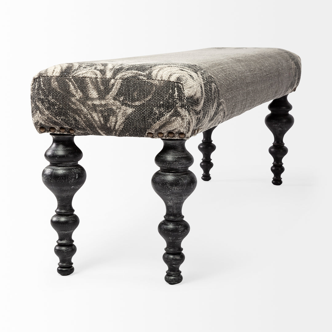 Alhambra 55L x 14W Upholstered Gray Seat W/Black Wood Legs Accent Bench Living Room Mercana