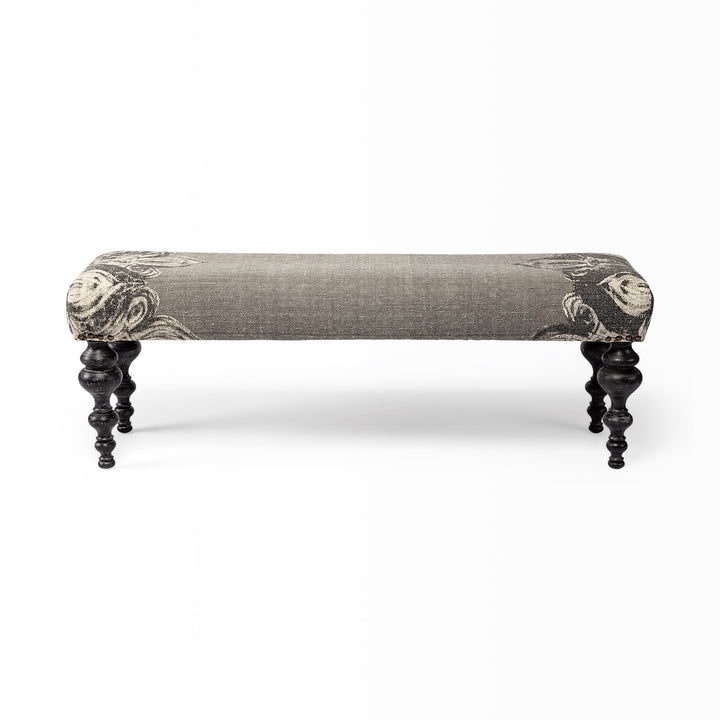 Alhambra 55L x 14W Upholstered Gray Seat W/Black Wood Legs Accent Bench Living Room Mercana