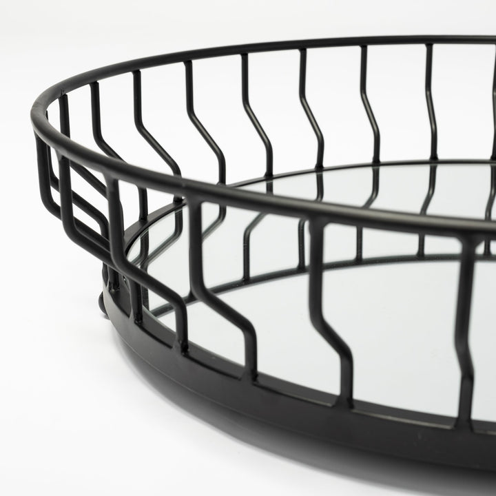 Helena 20L x 20W Black Metal Mirrored Bottom Round Serving Tray Decor Mercana