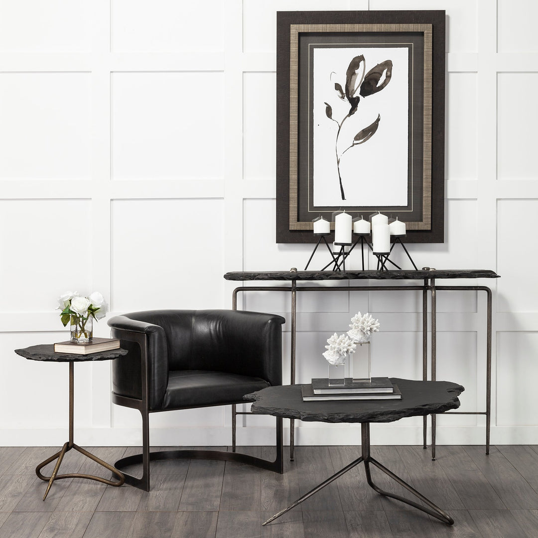 Pinera II 19L x 19W Black Slate Top W/ Triangular Iron Base Accent Table Dining Room Mercana