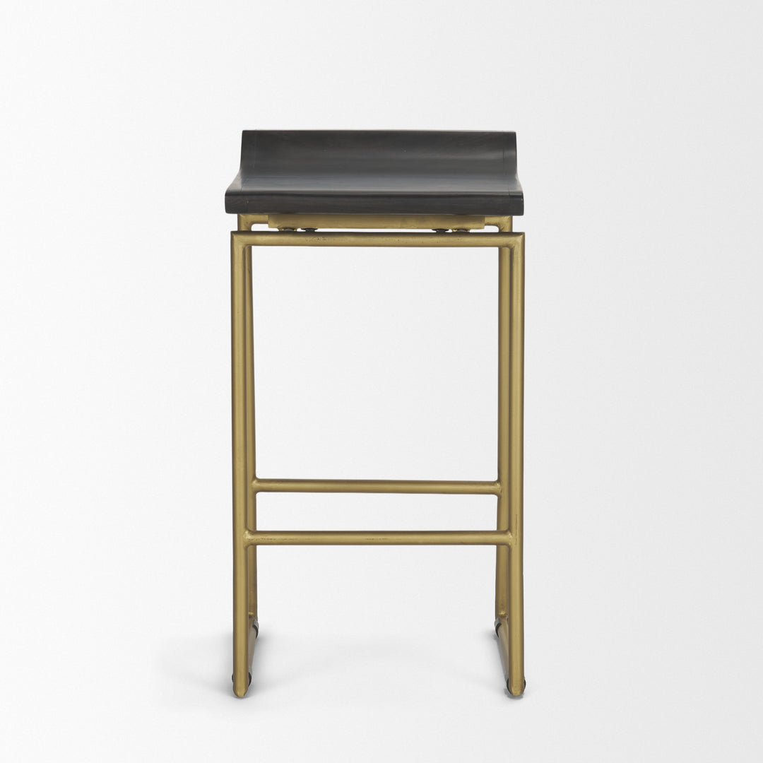 Givens 24.25"H Seat Height Brown Wood Seat Gold Metal Frame Stool Dining Room Mercana