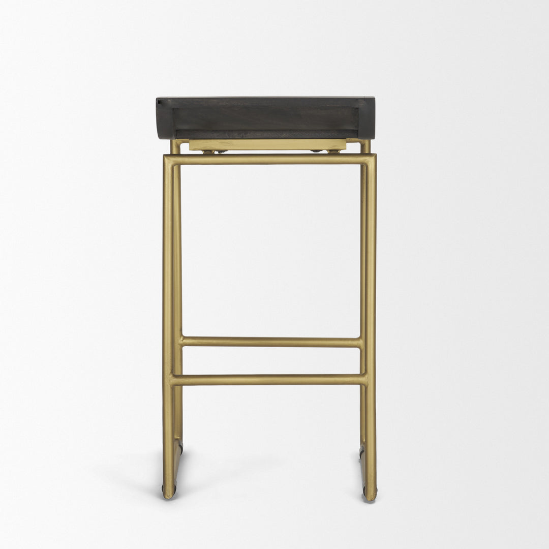 Givens 24.25"H Seat Height Brown Wood Seat Gold Metal Frame Stool Dining Room Mercana