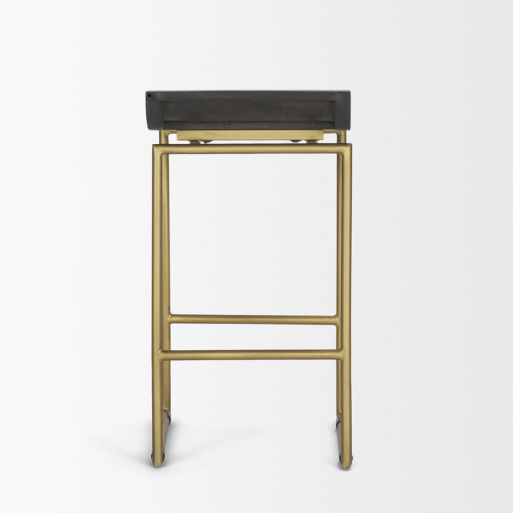Givens 24.25"H Seat Height Brown Wood Seat Gold Metal Frame Stool Dining Room Mercana