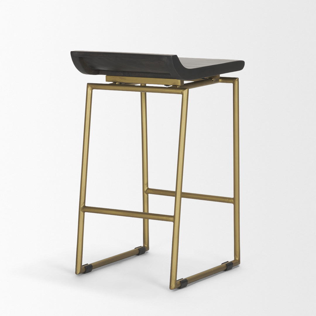 Givens 24.25"H Seat Height Brown Wood Seat Gold Metal Frame Stool Dining Room Mercana