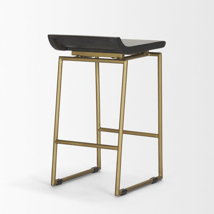 Givens 24.25"H Seat Height Brown Wood Seat Gold Metal Frame Stool Dining Room Mercana