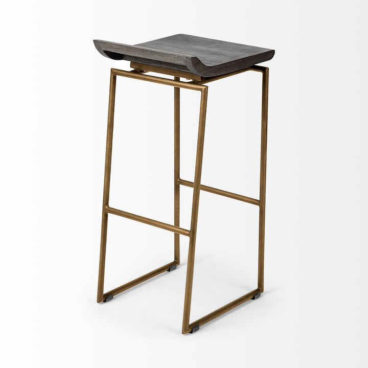 Givens 30.25"H Seat Height Brown Wood Seat Gold Metal Base Stool Dining Room Mercana