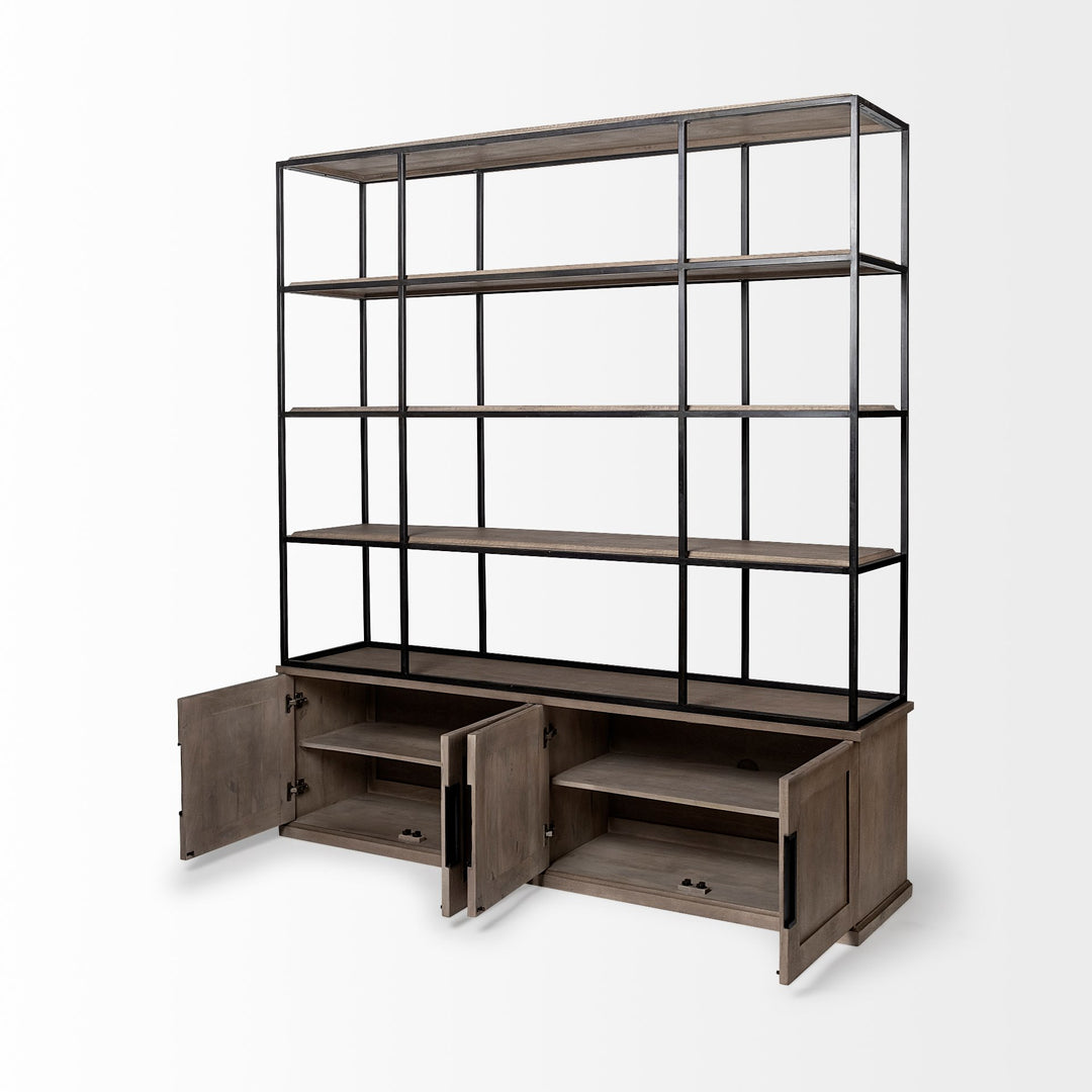 Braxton I Light Brown Wood and Iron Three Shelf Shelving Unit 81.5L x 18.5W x 90 Living Room Mercana