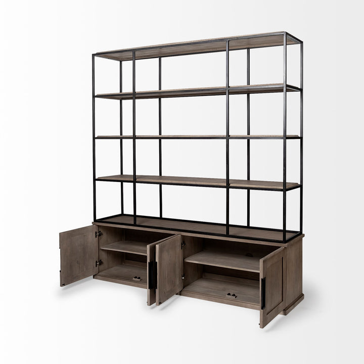Braxton I Light Brown Wood and Iron Three Shelf Shelving Unit 81.5L x 18.5W x 90 Living Room Mercana