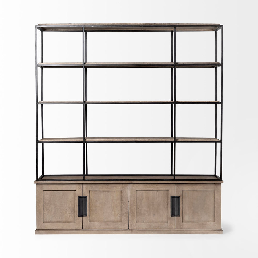 Braxton I Light Brown Wood and Iron Three Shelf Shelving Unit 81.5L x 18.5W x 90 Living Room Mercana