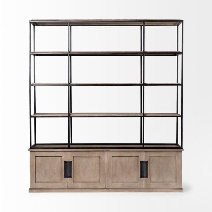 Braxton I Light Brown Wood and Iron Three Shelf Shelving Unit 81.5L x 18.5W x 90 Living Room Mercana