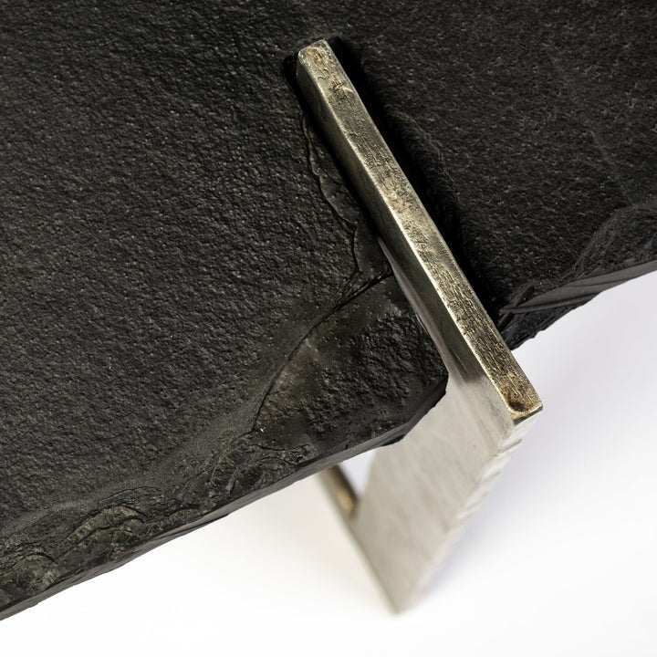 Shale 37" Irregular Live-Edge Black Slate w/Flat Iron Base Coffee Table Living Room Mercana
