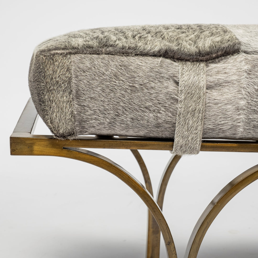 Jessie 55L x 16W White/Gray Hair-On-Hide Seat W/Gold Metal Base Accent Bench Living Room Mercana