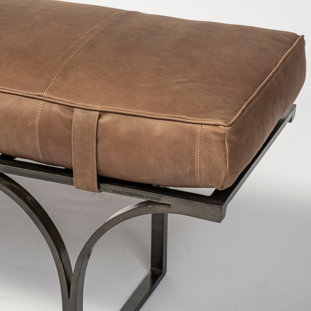 Jessie 55L x 16W Brown Leather Seat W/Black Metal Base Accent Bench Living Room Mercana