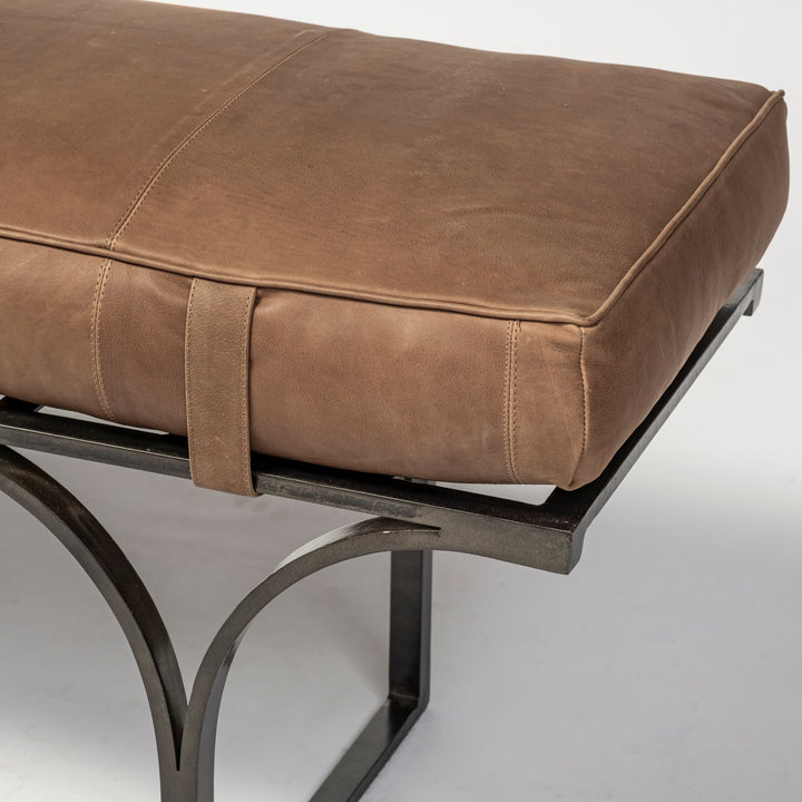 Jessie 55L x 16W Brown Leather Seat W/Black Metal Base Accent Bench Living Room Mercana