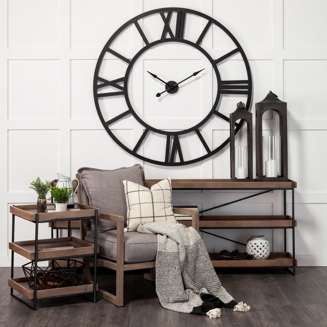 Trey III 20" x 26" Square Medium Brown Wooden Three-Tiered Black Iron Frame End/Side Table Dining Room Mercana