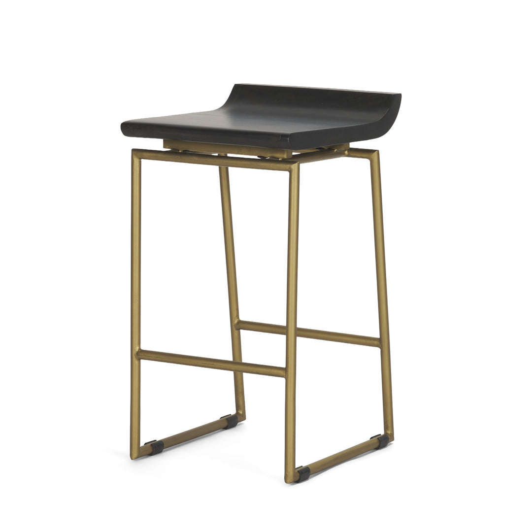 Givens 24.25"H Seat Height Brown Wood Seat Gold Metal Frame Stool Dining Room Mercana