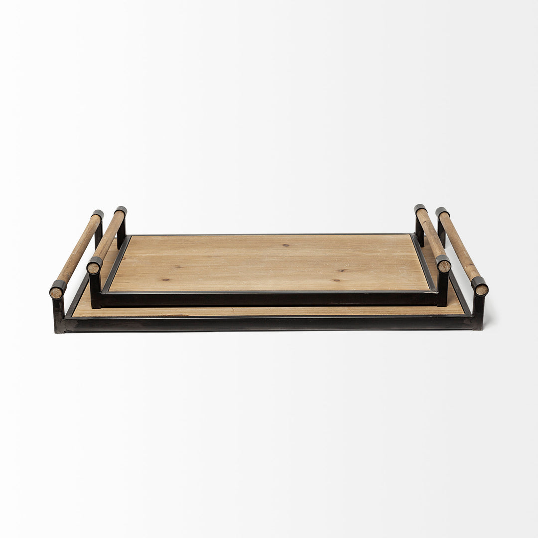 Benson Set of 2 Brown Wood Black Metal Trays Decor Mercana