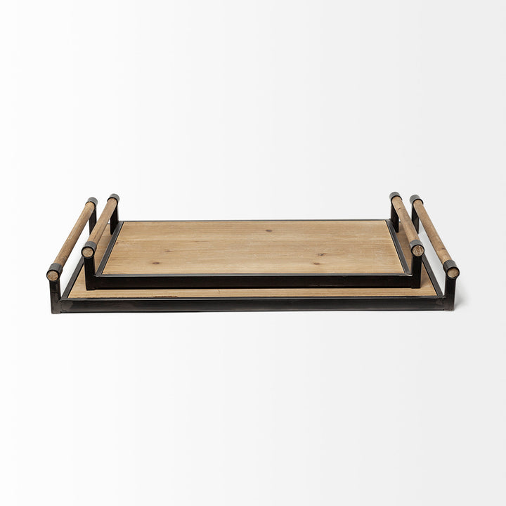 Benson Set of 2 Brown Wood Black Metal Trays Decor Mercana