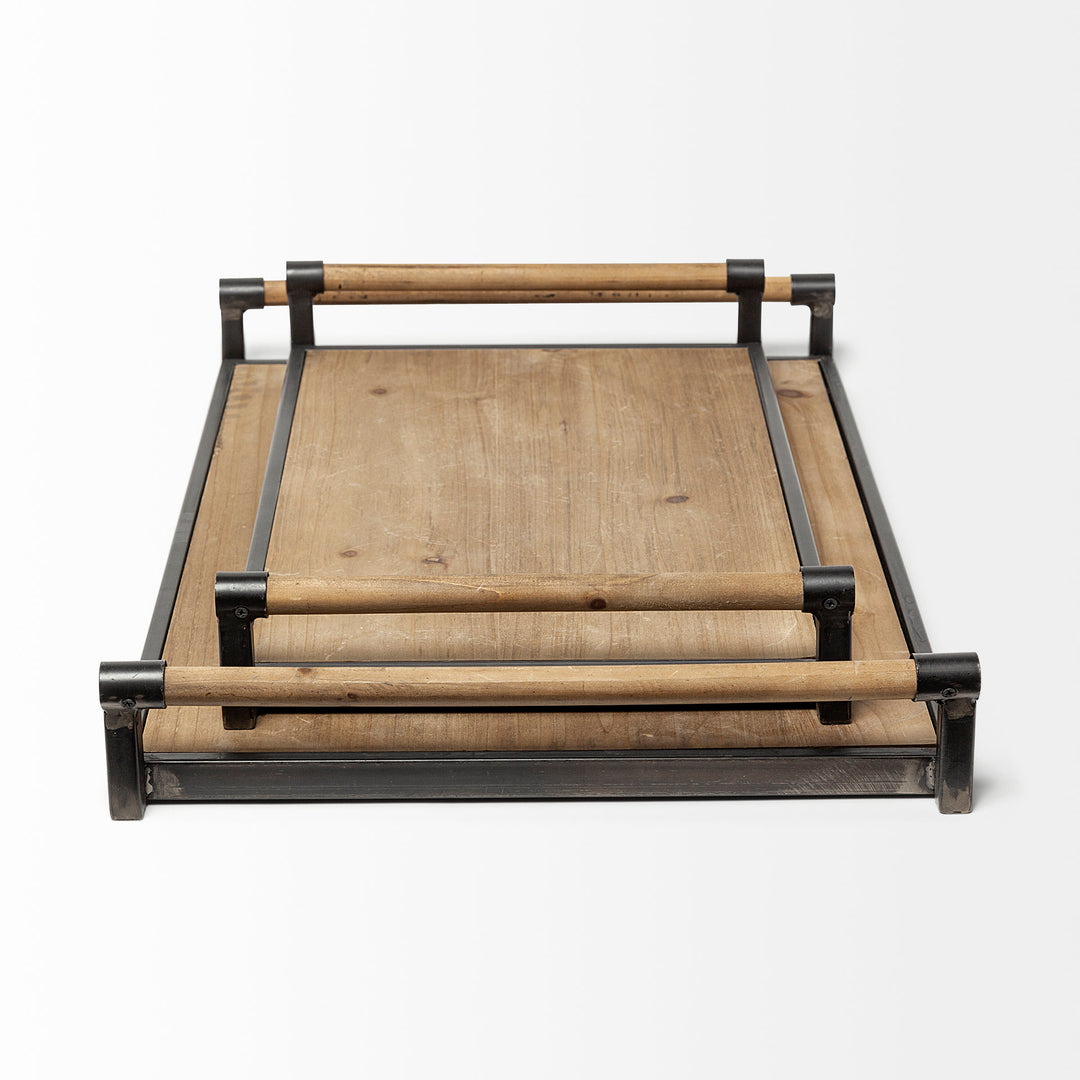 Benson Set of 2 Brown Wood Black Metal Trays Decor Mercana