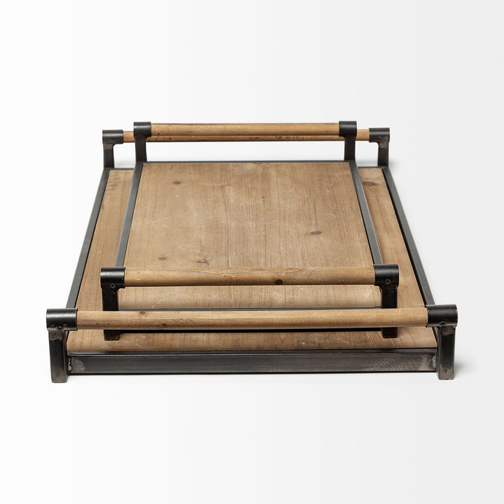 Benson Set of 2 Brown Wood Black Metal Trays Decor Mercana