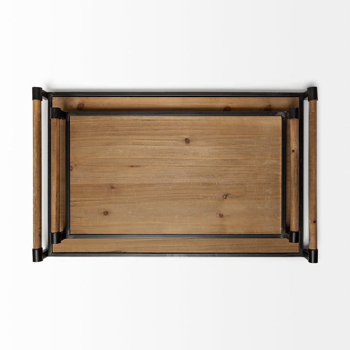 Benson Set of 2 Brown Wood Black Metal Trays Decor Mercana