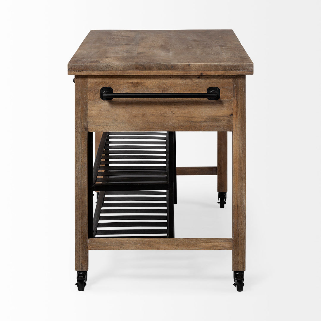 Stuart I Brown Solid Wood Top Two-Tier Black Metal Rolling Kitchen Island Dining Room Mercana