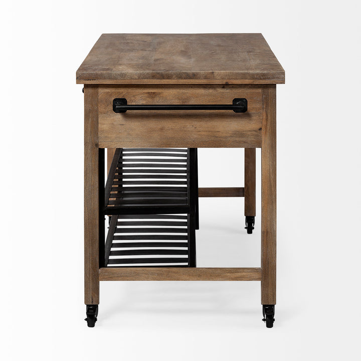 Stuart I Brown Solid Wood Top Two-Tier Black Metal Rolling Kitchen Island Dining Room Mercana