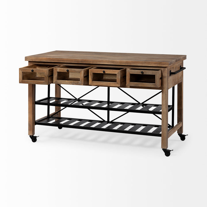 Stuart I Brown Solid Wood Top Two-Tier Black Metal Rolling Kitchen Island Dining Room Mercana