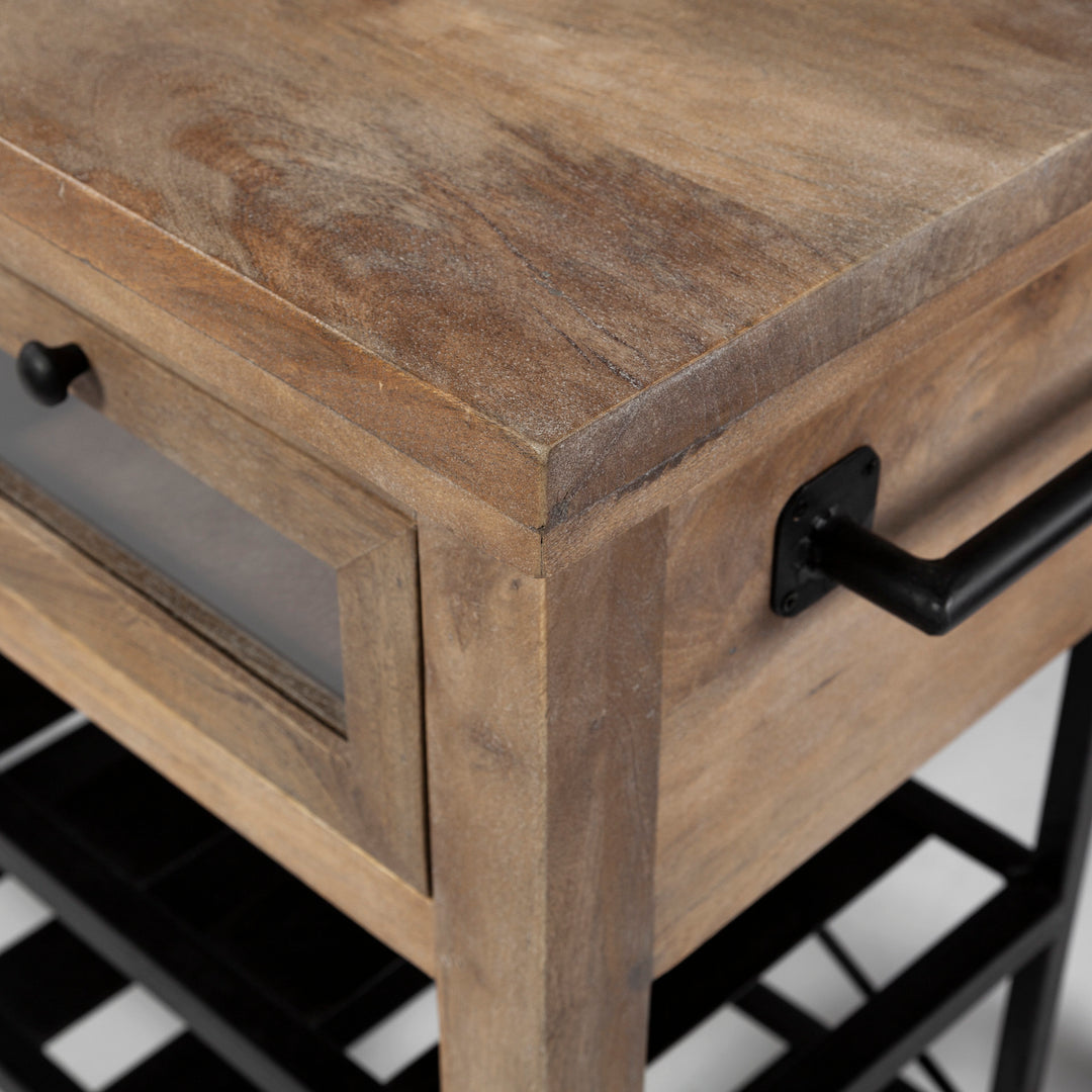 Stuart I Brown Solid Wood Top Two-Tier Black Metal Rolling Kitchen Island Dining Room Mercana