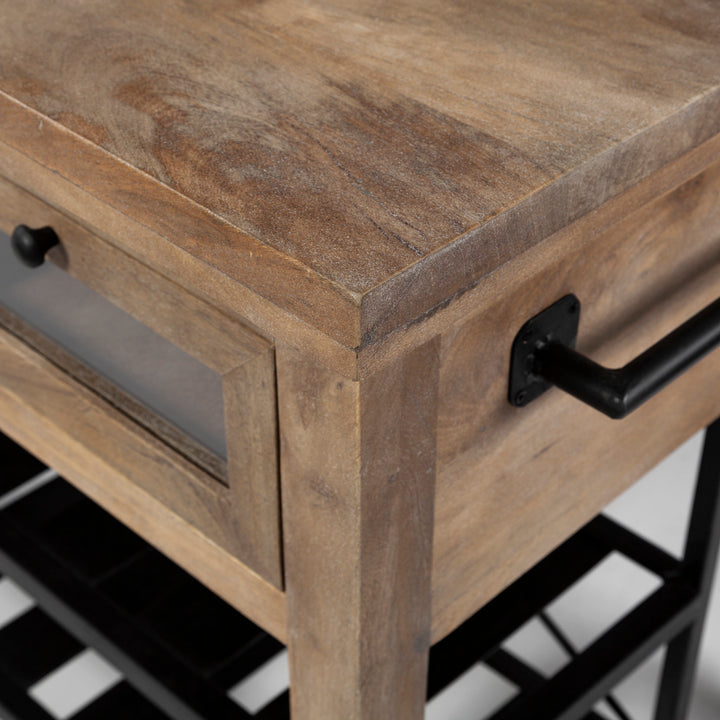 Stuart I Brown Solid Wood Top Two-Tier Black Metal Rolling Kitchen Island Dining Room Mercana