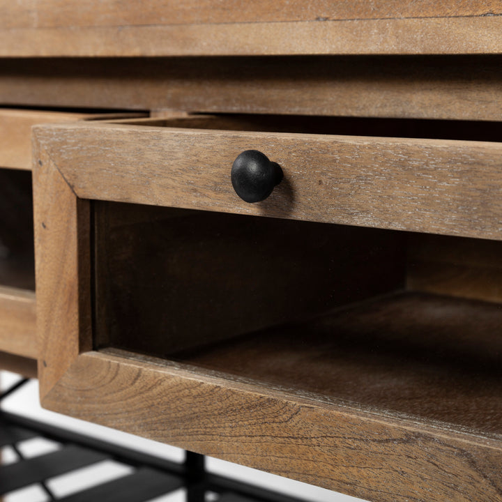 Stuart I Brown Solid Wood Top Two-Tier Black Metal Rolling Kitchen Island Dining Room Mercana