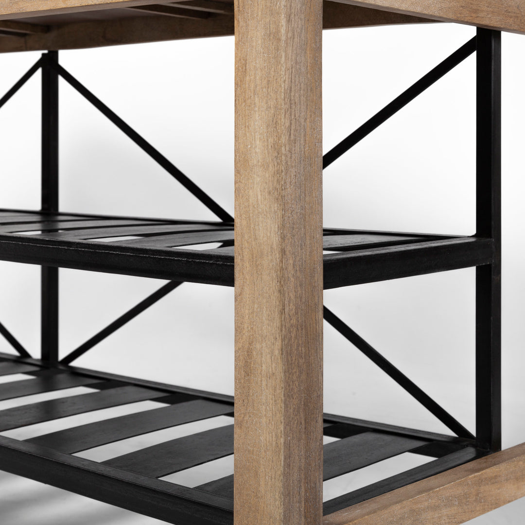 Stuart I Brown Solid Wood Top Two-Tier Black Metal Rolling Kitchen Island Dining Room Mercana