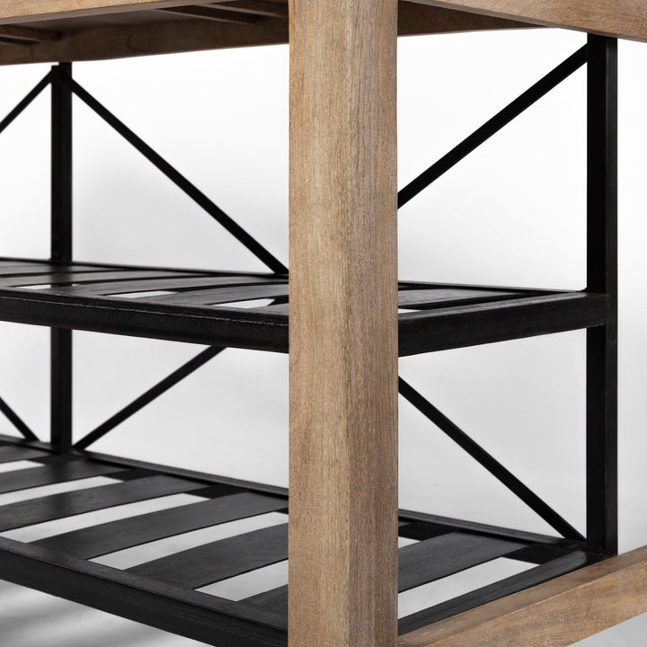 Stuart I Brown Solid Wood Top Two-Tier Black Metal Rolling Kitchen Island Dining Room Mercana