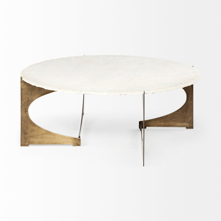 Reinhold 49" Round White Marble Top Gold Metal Base Coffee Table Living Room Mercana