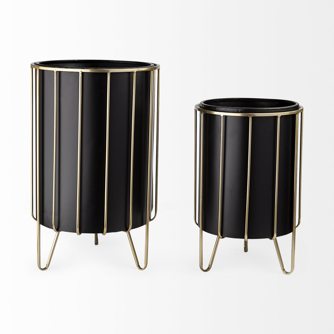 Pianta 13 x 21 Set of Two Black Metal Insert Brass Frame Plant Stands Decor Mercana